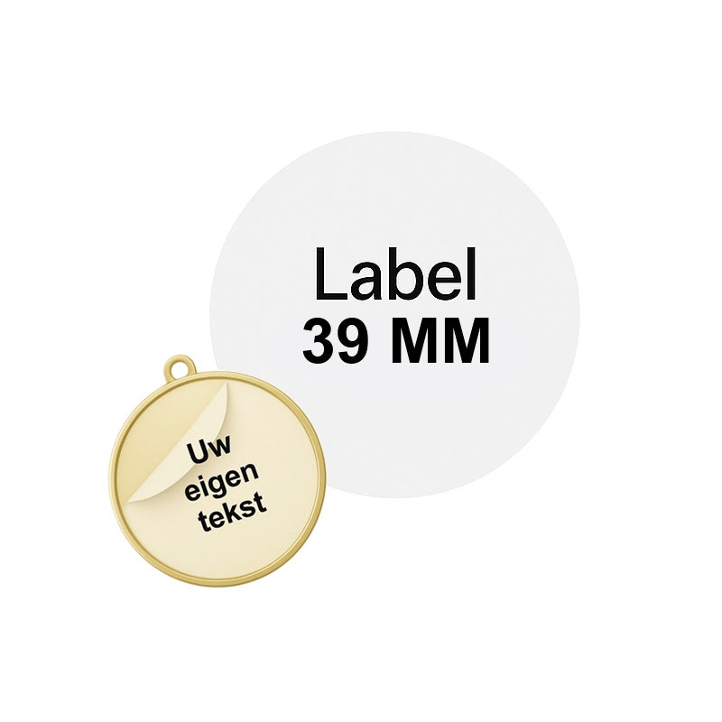 Transparant medaillelabel 39 mm met zwarte tekst – voor 45 mm medaille – zelfklevend, los te bestellen.