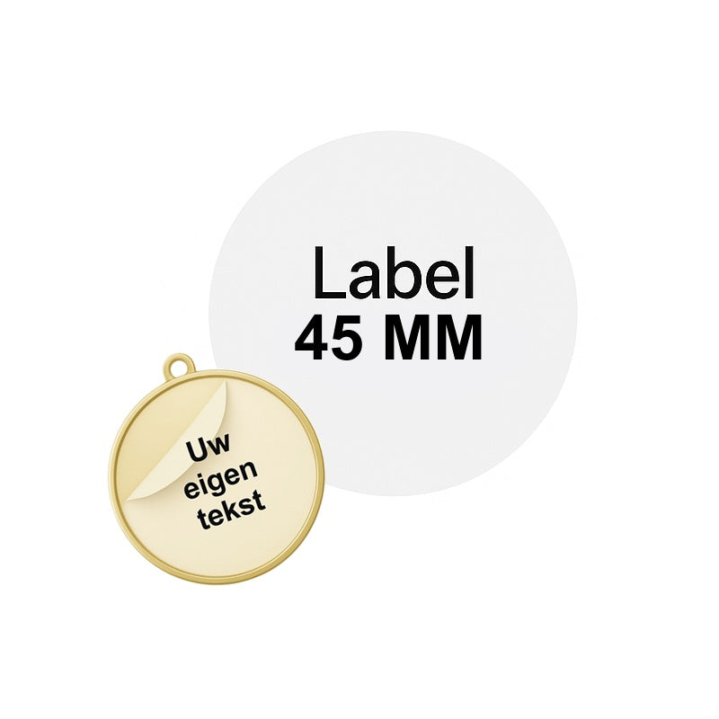 Los medaillelabel 45 mm – transparant met zwarte opdruk – geschikt voor 50 mm medaille – zelfklevend.