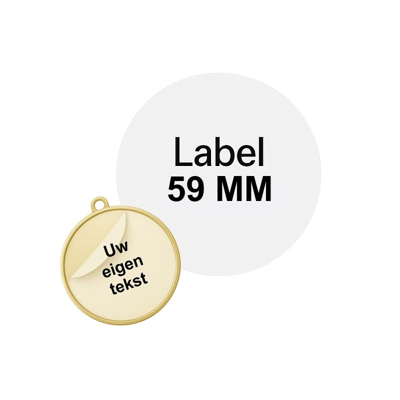 Transparant medaillelabel 59 mm met zwarte tekst – geschikt voor 70 mm medaille – los te bestellen, zelfklevend.