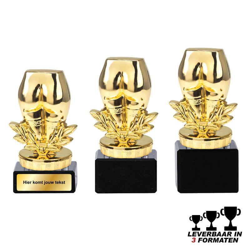 Gouden Fanny trofee met billenbeeld op zwarte marmeren voet – verkrijgbaar in 3 formaten. Echte fun award