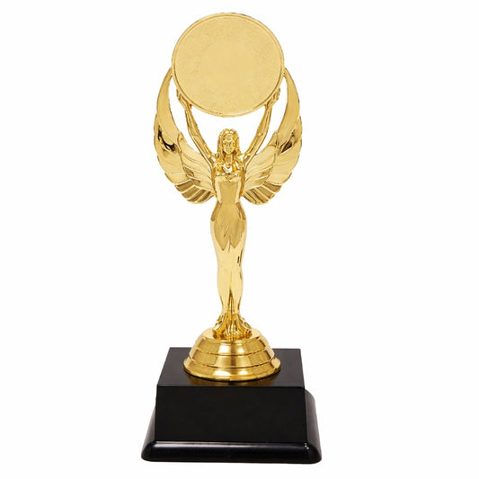 Gouden award trofee 22 cm met logo houder en zwarte voet