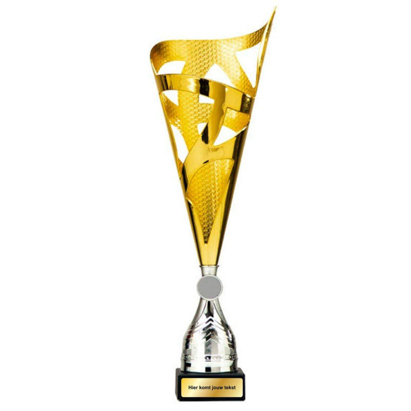 Gouden Wilsey trofee van 45 cm met opengewerkt design en personaliseerbare elementen