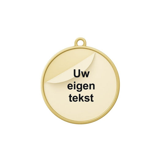 Ronde medaille met transparante bedrukte sticker met eigen tekst – personalisatieoptie