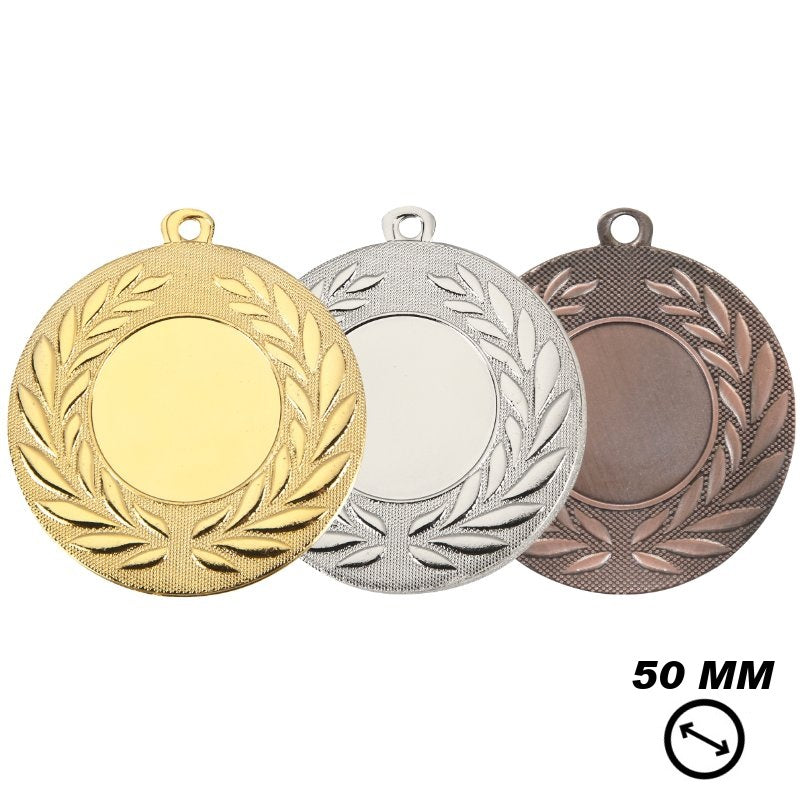 Medaille Leiden – 50 mm – ijzeren medailles in goud, zilver en brons met lauwerkrans en ruimte voor logo of sportafbeelding