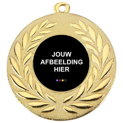Gouden medaille Leiden – 50 mm – met lauwerkrans en ruimte voor sportafbeelding of eigen logo
