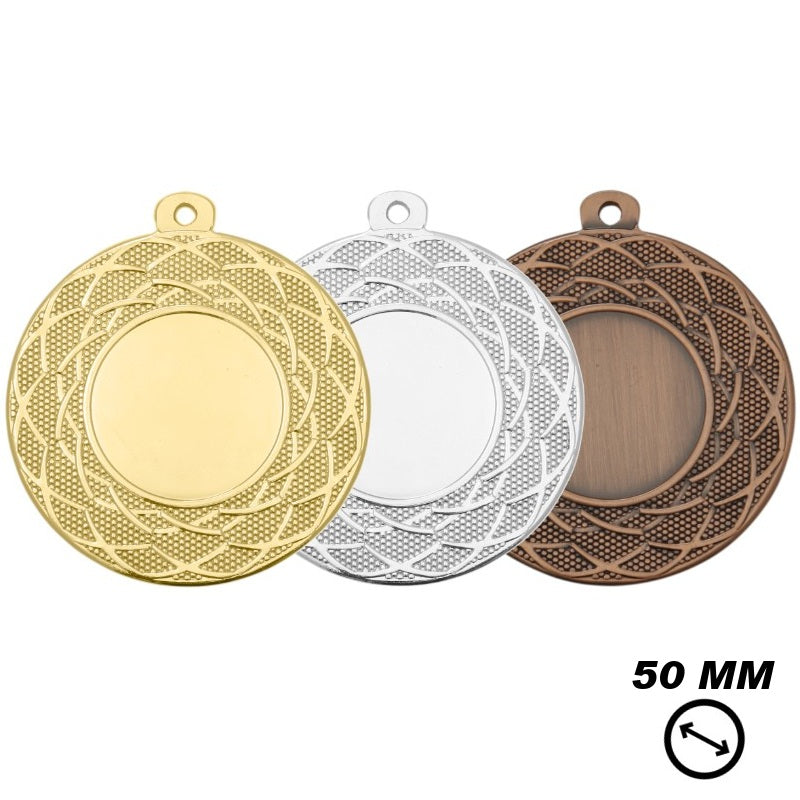 Medaille Utrecht – 50 mm – ijzeren medailles in goud, zilver en brons met gevlochten rand en ruimte voor sportafbeelding of logo