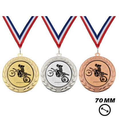 Motorcross Medaille X70-9 70 mm in goud zilver en brons met halslint