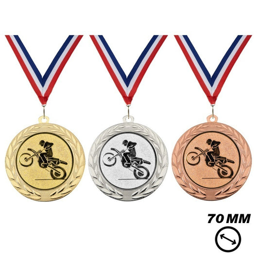 Motorcross Medaille X70-9 70 mm in goud zilver en brons met halslint