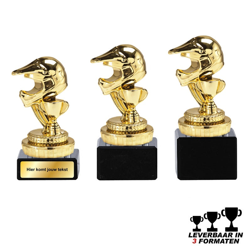 Goudkleurige motorcross trofee met crosshelm en trofeebeker op zwarte marmer voet – leverbaar in 10, 11 en 12 cm – personaliseerbaar met label of graveerplaatje