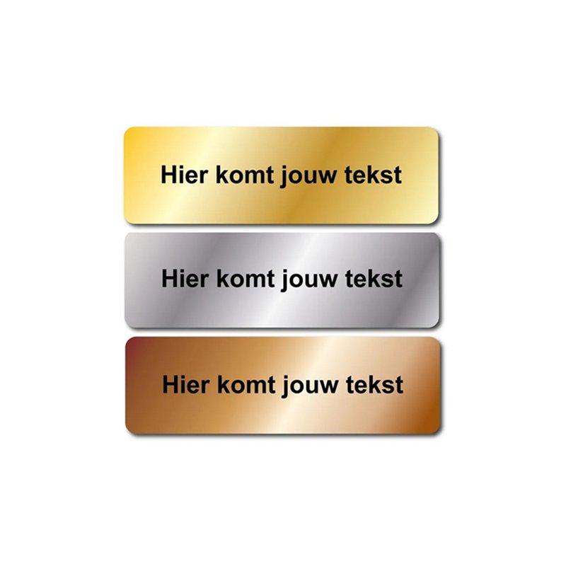 Bedrukte tekstlabels in goud, zilver en brons met voorbeeldtekst ‘Hier komt jouw tekst’