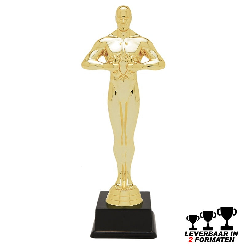 Goudkleurige Oscar award trofee op zwarte voet – leverbaar in 2 formaten