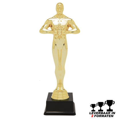 Goudkleurige Oscar award trofee op zwarte voet – leverbaar in 2 formaten