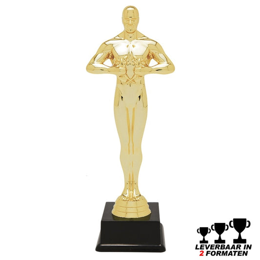 Goudkleurige Oscar award trofee op zwarte voet – leverbaar in 2 formaten