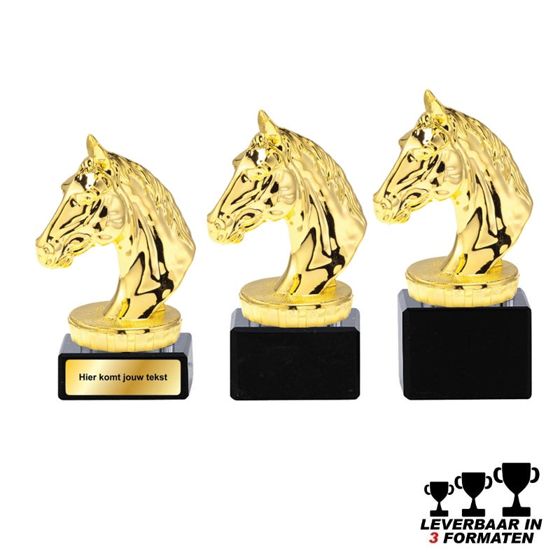 Goudkleurige paardensport trofee met paardenhoofd op zwarte marmer voet – leverbaar in 10, 11 en 12 cm – personaliseerbaar met label of graveerplaatje