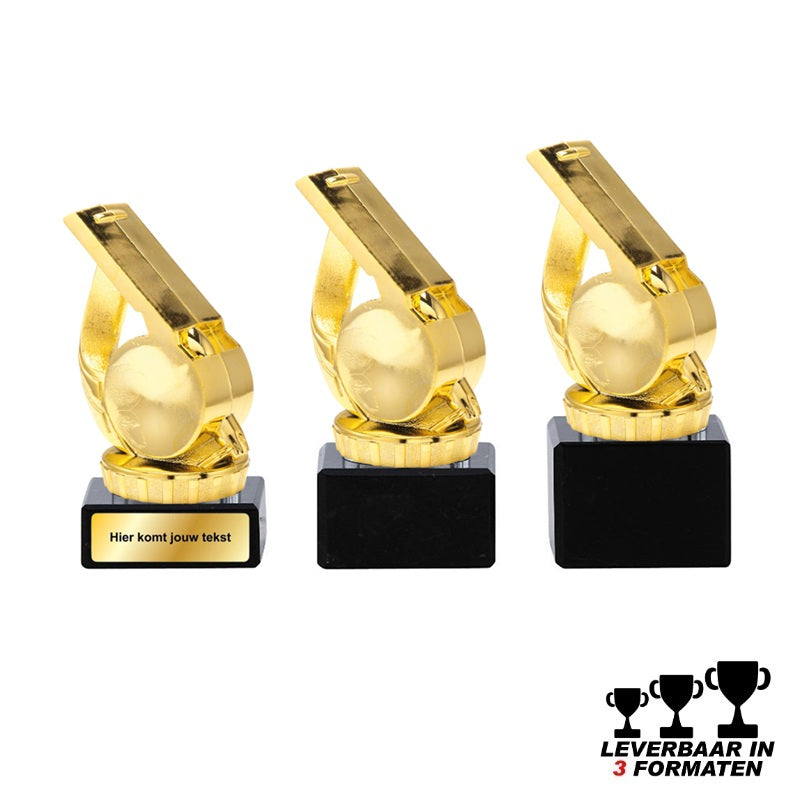 Goudkleurige scheidsrechter trofee met fluit en lauwerkrans op zwarte marmer voet – leverbaar in 10, 11 en 12 cm – personaliseerbaar met label of graveerplaatje