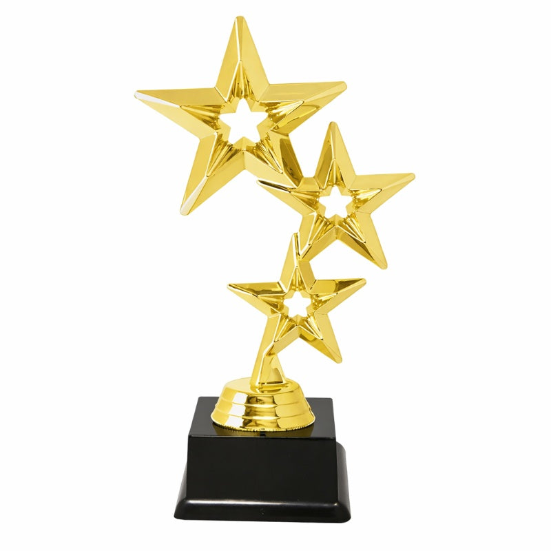 Gouden ster award trofee 19 cm met drie sterren en zwarte voet