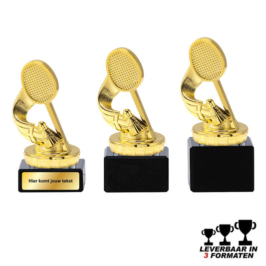 Gouden badminton trofee met shuttle en racket – 10, 11 en 12 cm hoog