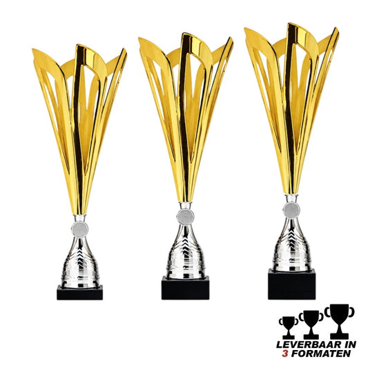 Trofee Lugano goudkleurige kunststof trofee op marmeren voet leverbaar in 44, 45 en 46 cm