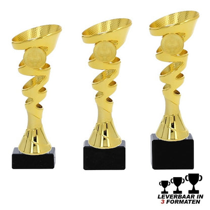 Gouden trofee Kaon met gedraaid design en marmeren voet – beschikbaar in 3 formaten en te personaliseren met eigen logo of tekst