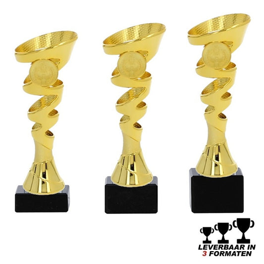 Gouden trofee Kaon met gedraaid design en marmeren voet – beschikbaar in 3 formaten en te personaliseren met eigen logo of tekst
