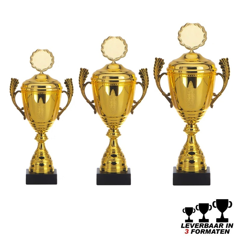 Trofee Maringa grote gouden bokaal 32.5 38.5 42.5 cm met handgrepen