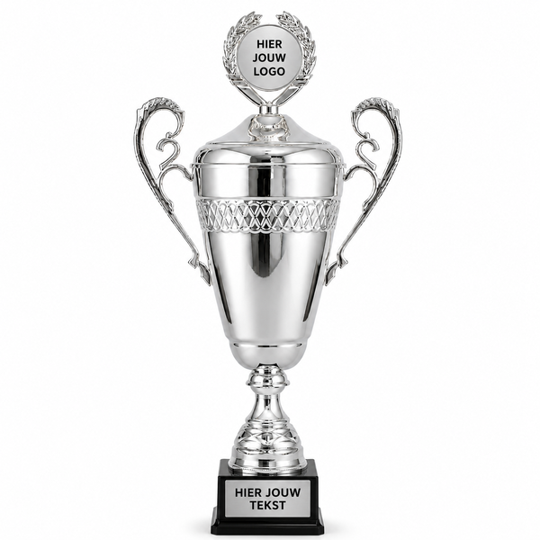 Trofee Monaco 80 cm – luxe zilveren wisselbeker met deksel en handvatten