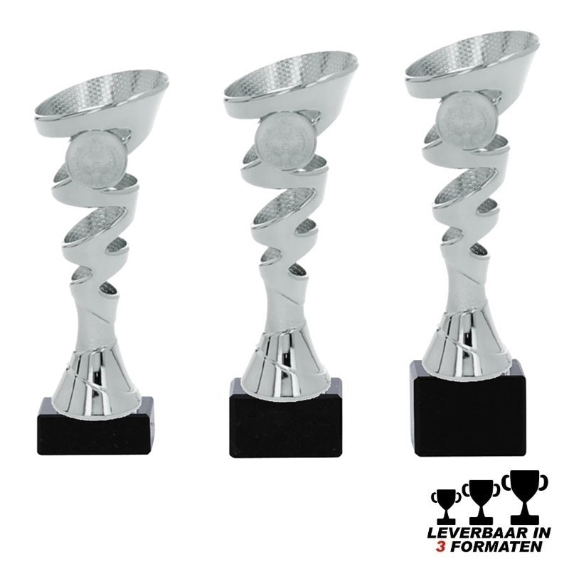 Zilveren trofee TRON met gedraaid design en zwarte voet – verkrijgbaar in 3 formaten, met optionele personalisatie