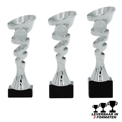 Zilveren trofee TRON met gedraaid design en zwarte voet – verkrijgbaar in 3 formaten, met optionele personalisatie