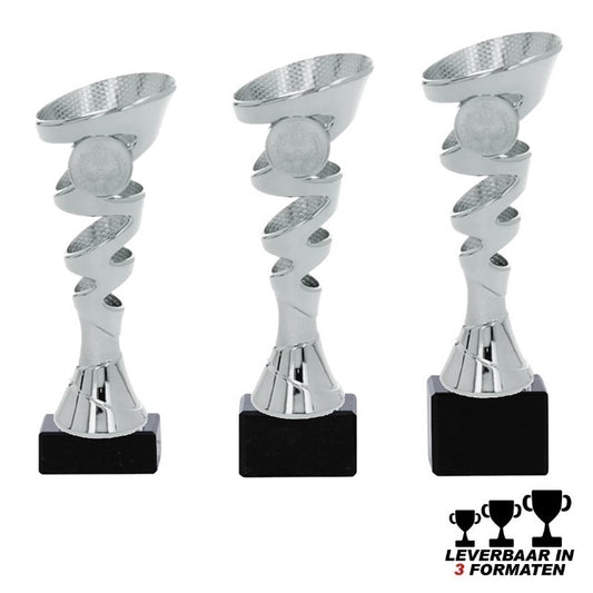 Zilveren trofee TRON met gedraaid design en zwarte voet – verkrijgbaar in 3 formaten, met optionele personalisatie