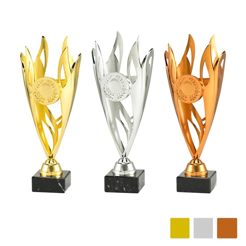 Vilos XXL trofee 32 cm in goud, zilver en brons – met zwarte marmeren voet en ruimte voor logo en persoonlijke tekst