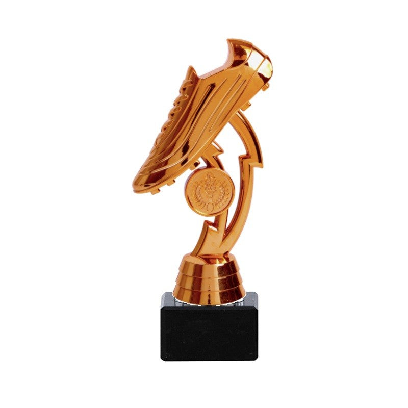 Bronzen voetbaltrofee met schoen en bliksemvorm – 18 cm – met ruimte voor eigen tekst en afbeelding