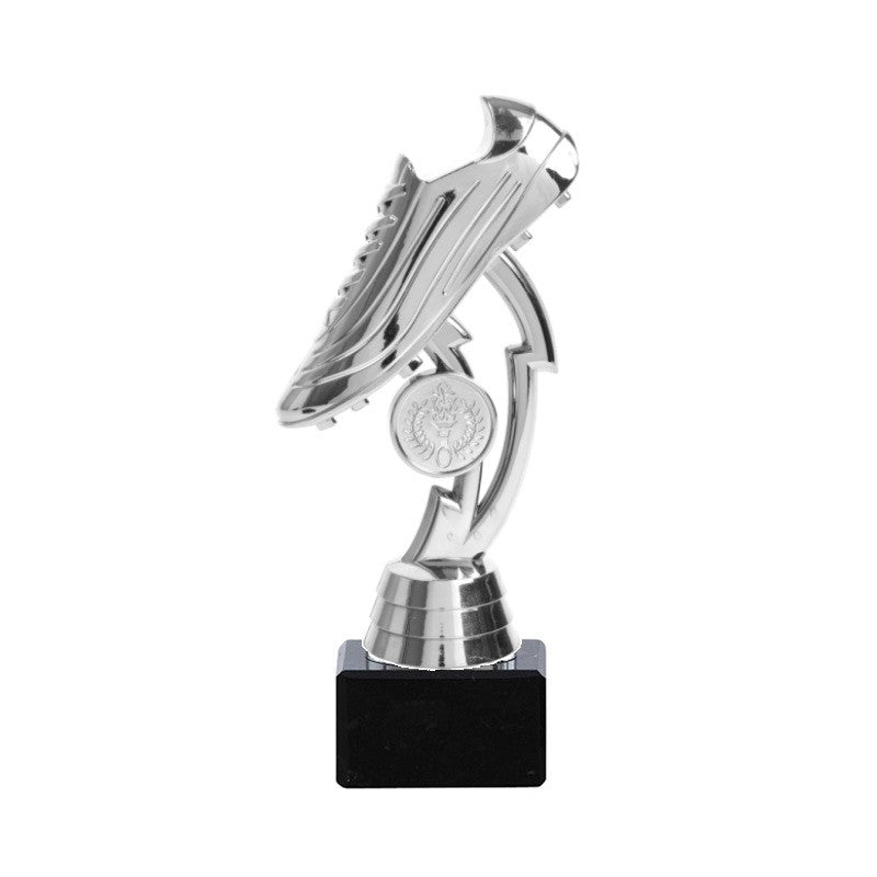 Zilveren voetbaltrofee met schoen op marmeren voet – 18 cm hoog – geschikt voor personalisatie