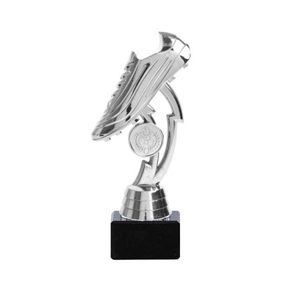 Zilveren voetbaltrofee met schoen op marmeren voet – 18 cm hoog – geschikt voor personalisatie