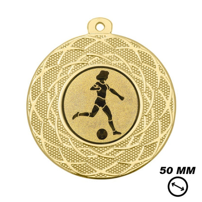 Voetbalmedaille dames 50 mm met vrouwelijke voetballer in goud