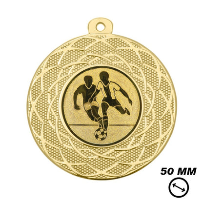 Voetbalmedaille Unite 50 mm met twee voetballers en bal in goud