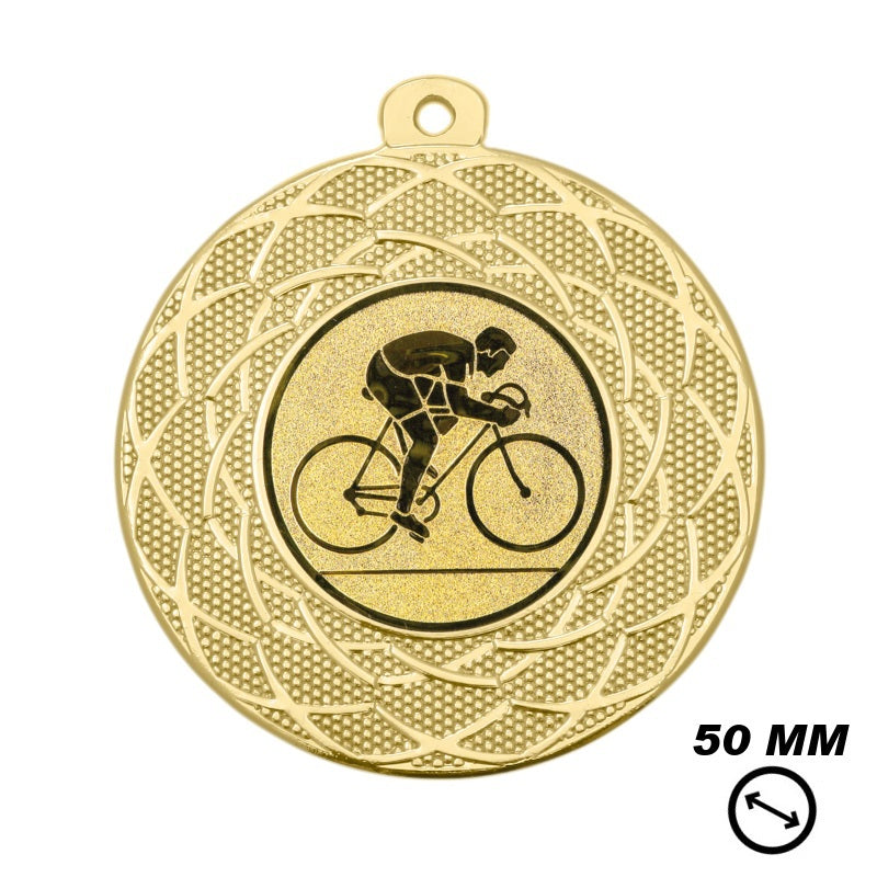 Wielrenmedaille 50 mm van ijzer in goud met wielrenner afbeelding
