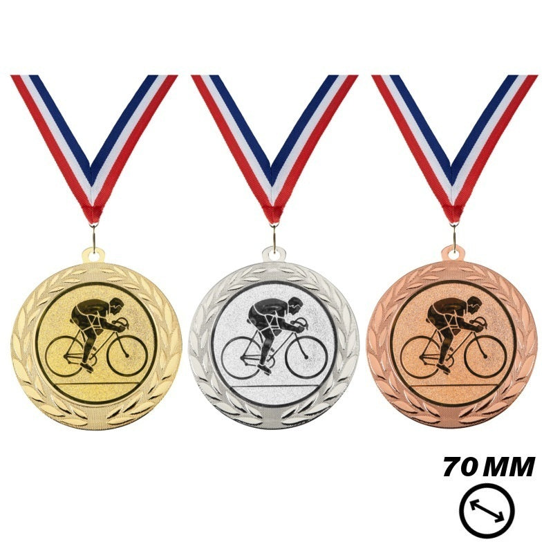 Wielrennen Medaille X70-11 70 mm in goud zilver en brons met halslint