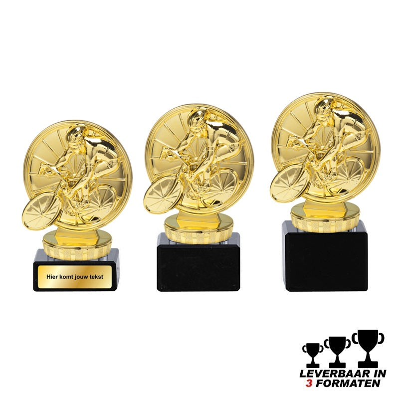 Gouden wielrennen trofee met fietser op zwarte marmeren voet – verkrijgbaar in 3 formaten (10, 11 en 12 cm)