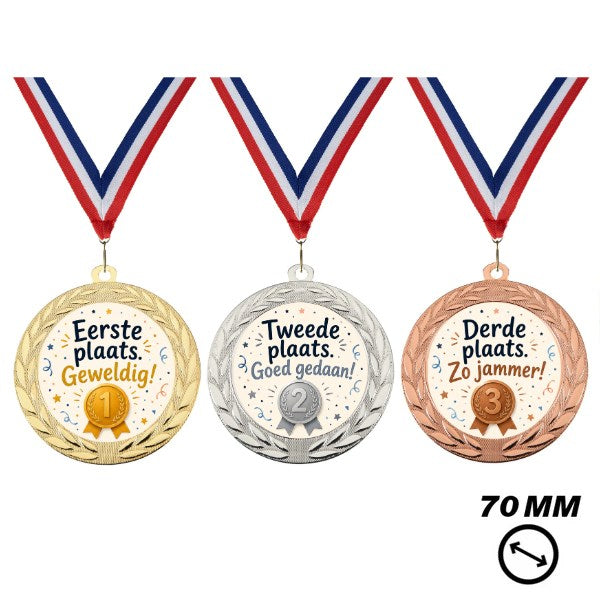 Winnaars medaille X70-3 70 mm voor eerste tweede en derde plaats in goud zilver en brons
