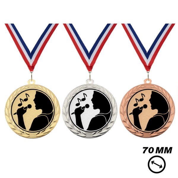 Zang medaille X70-1 70 mm met zanger microfoon en muzieknoten in goud zilver en brons