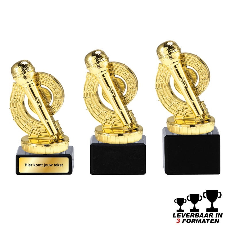 Goudkleurige zang trofee met microfoon en muzieknoten op zwarte marmer voet – verkrijgbaar in 10, 11 en 12 cm – personaliseerbaar met label of graveerplaatje