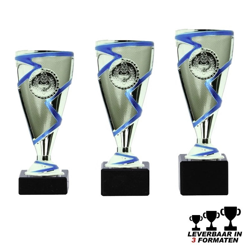 Zilveren trofee Bree MDS014 – compacte beker met blauw accent van 15 t/m 17 cm – met logo en personalisatie-optie