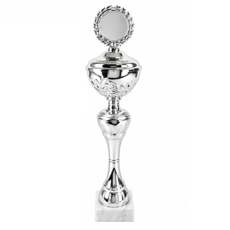 Zilveren Trofee Verona is een goedkope prijzenbeker met personalisatieopties zoals graveertekst en eigen logo. 