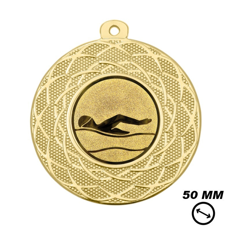 Zwem medaille goud 50 mm met afbeelding van zwemmer
