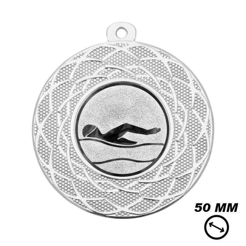 Zwem medaille zilver 50 mm met afbeelding van zwemmer
