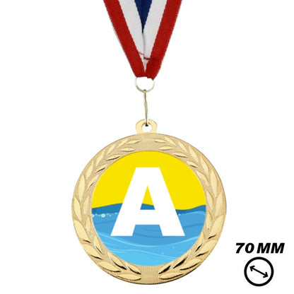 Zwemdiploma A medaille goud 70 mm met rood wit blauw halslint en A opdruk