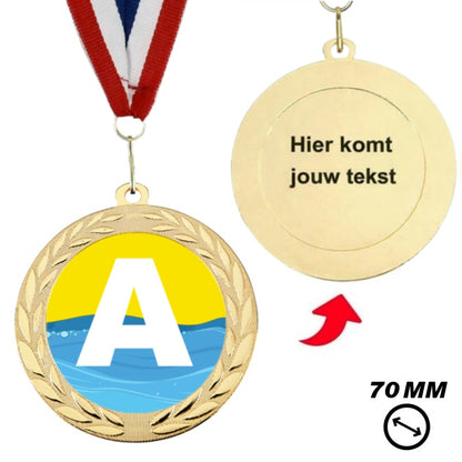 Zwemdiploma A medaille 70 mm goud met lint en personalisatie optie
