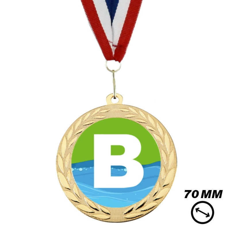 Zwemdiploma B medaille goud 70 mm met rood wit blauw halslint en B opdruk