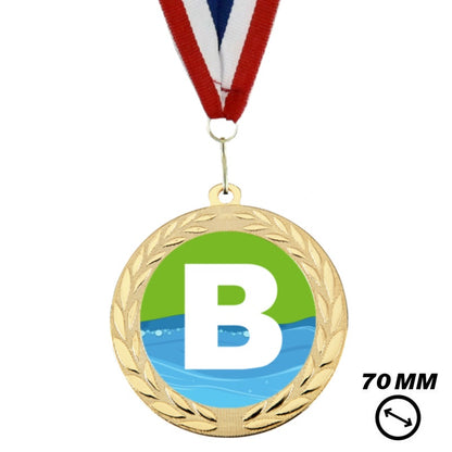 Zwemdiploma B medaille goud 70 mm met rood wit blauw halslint en B opdruk