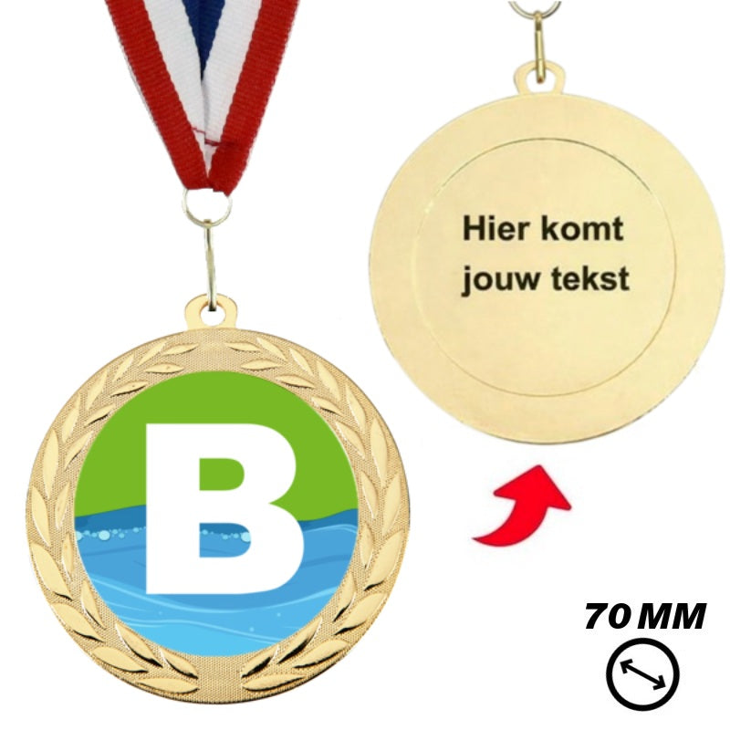 Achterzijde zwemdiploma B medaille 70 mm met mogelijkheid voor tekst